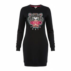 Kenzo Black Sweatshirt Dress with Multicolor Embroidered Tiger